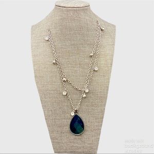 Necklace silver wire blue crystal pendant and silver crystals and chain